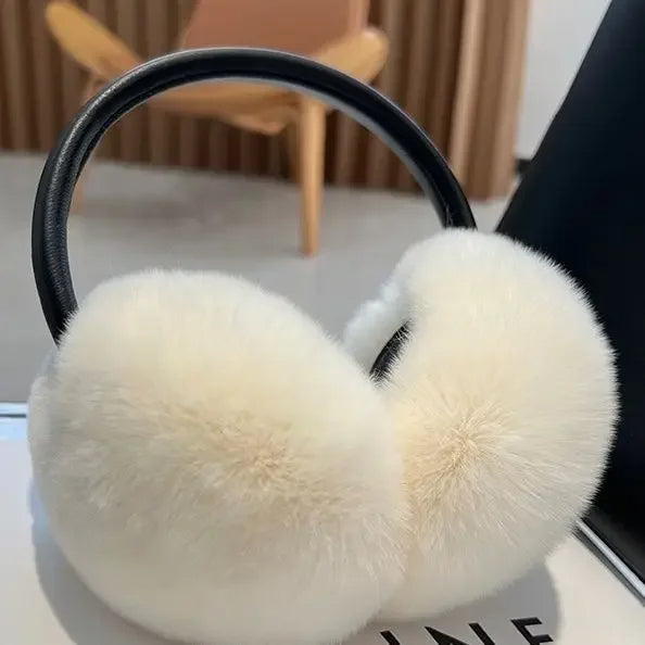 Lumière faux fur earmuffs in plush ivory white, lightweight women's winter accessory with soft insulation