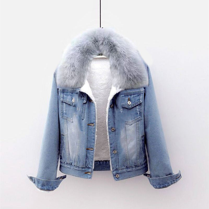 Women's blue regular fit denim jacket with fur collar and warm sherpa lining for winter