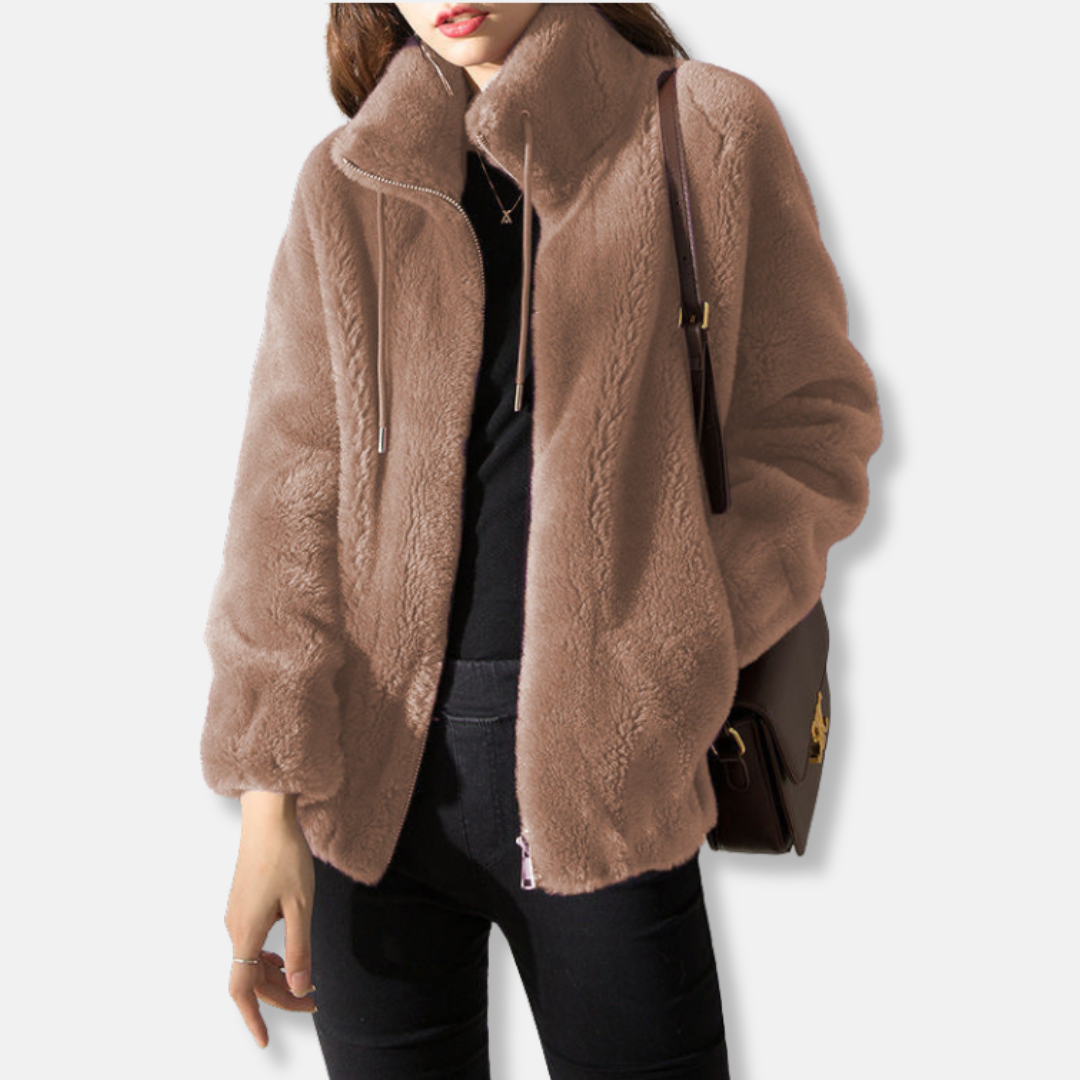 Women's cozy relaxed fit fleece jacket with stand collar, full zip, elastic hem and cuffs
