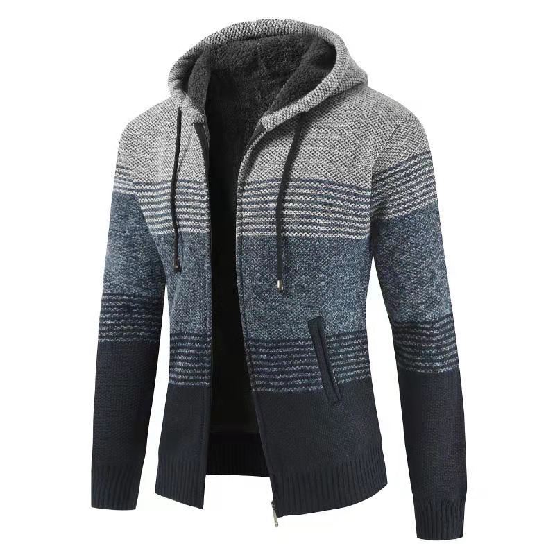 Men's knitted zip-up hoodie jacket with tonal striped pattern, cozy casual everyday wear