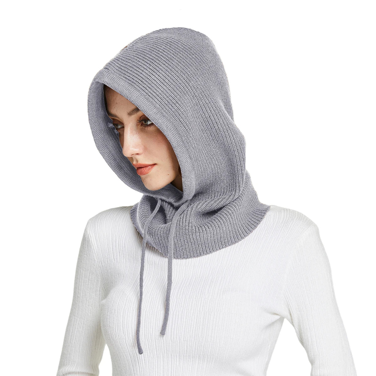 Women's ribbed wool balaclava neutral tone close-fit full coverage with adjustable drawstring closure