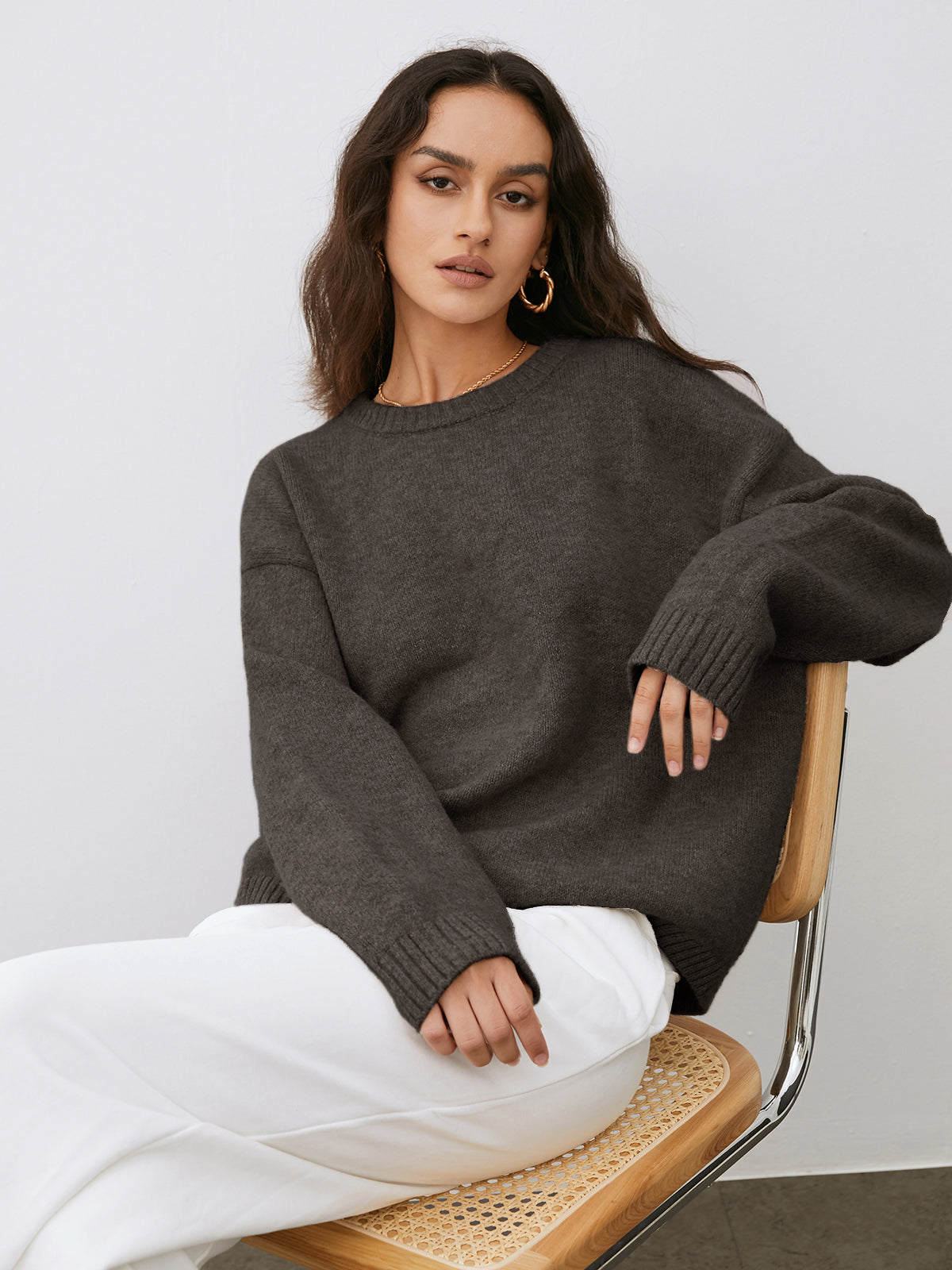 Women's lightweight wool-blend pullover sweater casual relaxed fit high-stretch warm layer