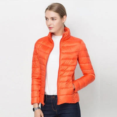 Women's lightweight short down jacket regular fit packable warmth versatile everyday silhouette