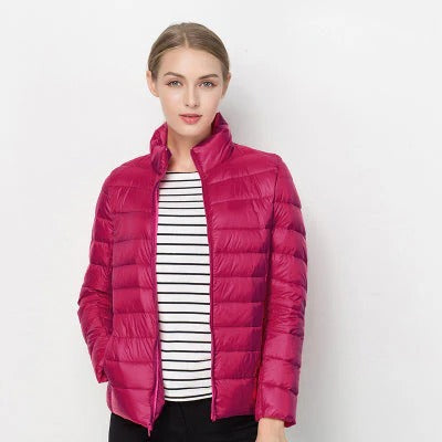 Women's lightweight short down jacket regular fit packable warmth versatile everyday silhouette