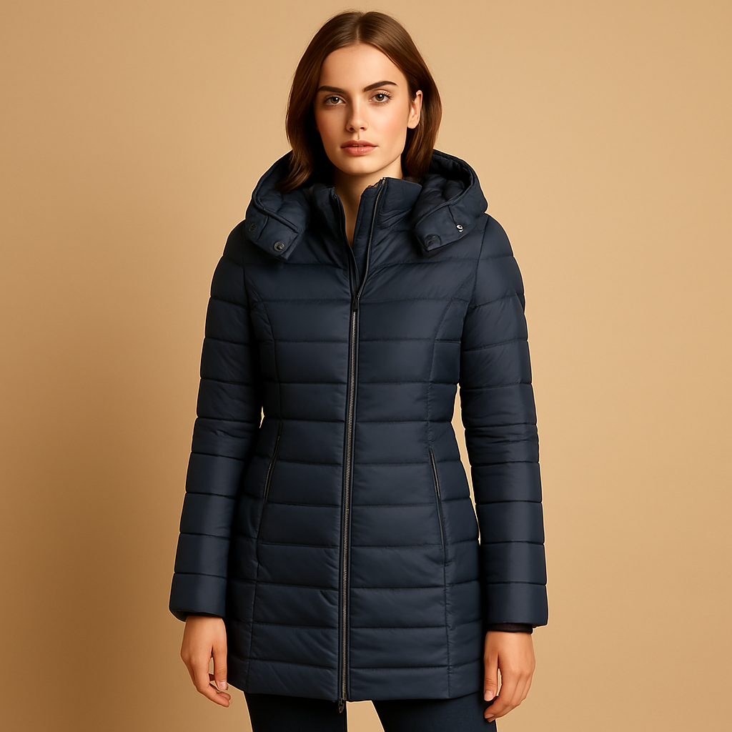 Red quilted puffer hooded jacket unisex slim fit lightweight insulated design for easy layering