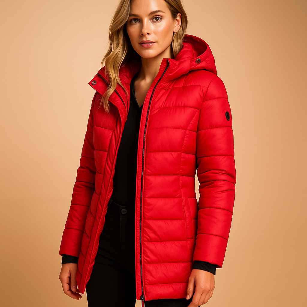 Red quilted puffer hooded jacket unisex slim fit lightweight insulated warmth without bulk