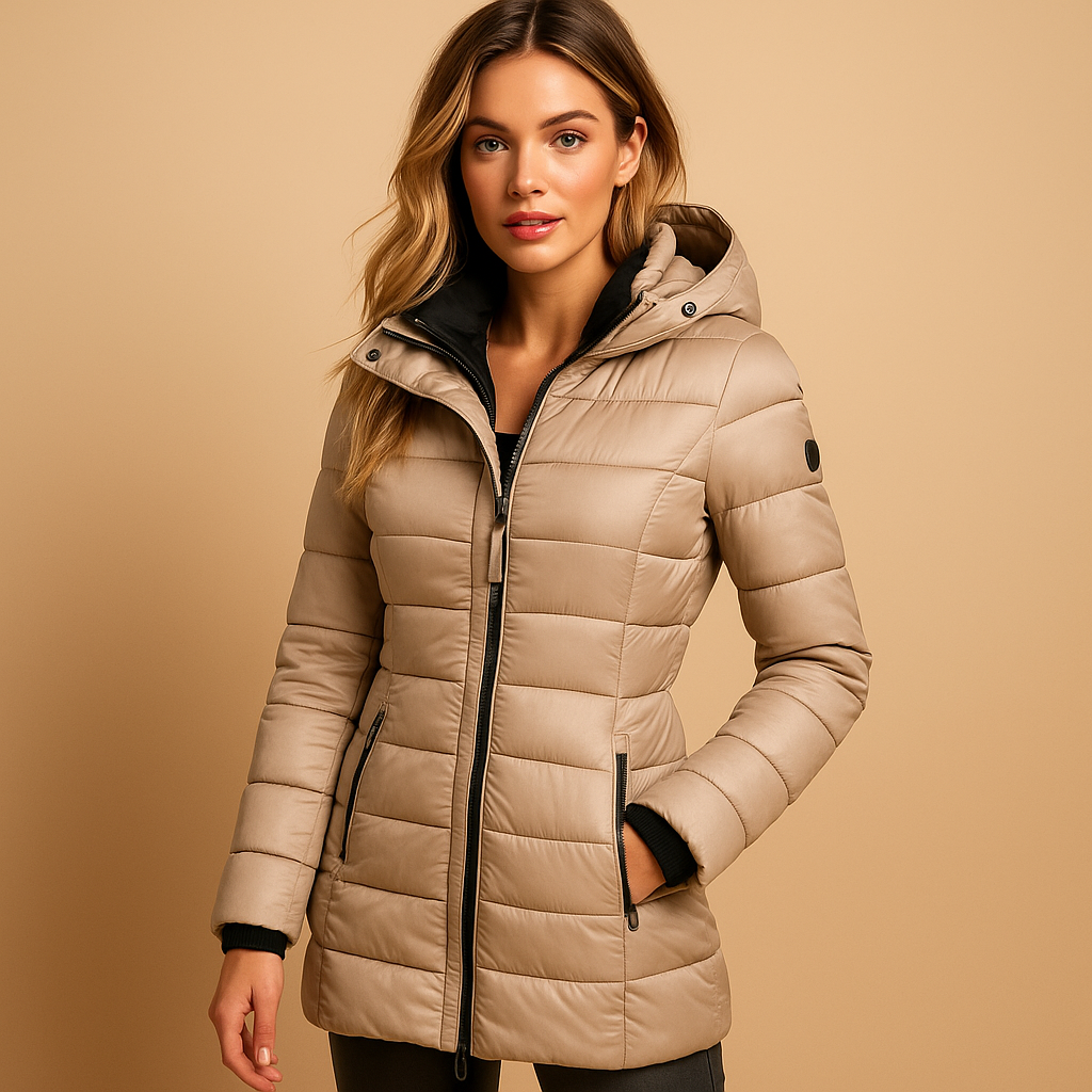Red quilted puffer hooded jacket unisex slim fit lightweight insulated design for easy layering