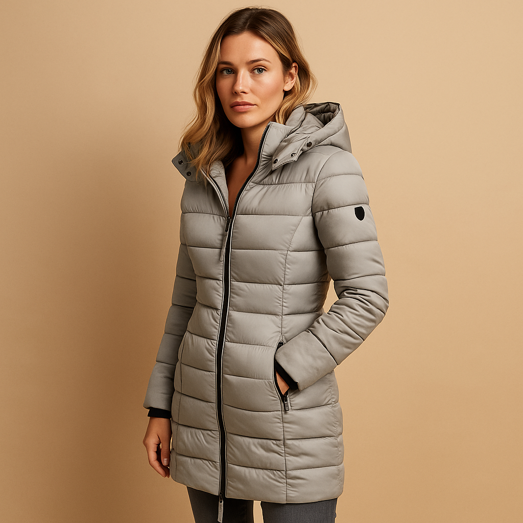 Red quilted slim-fit puffer jacket with insulated hood, unisex lightweight design for warmth without bulk