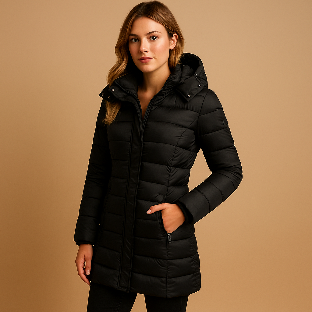 Red quilted puffer hooded jacket unisex slim fit lightweight insulated design for easy layering