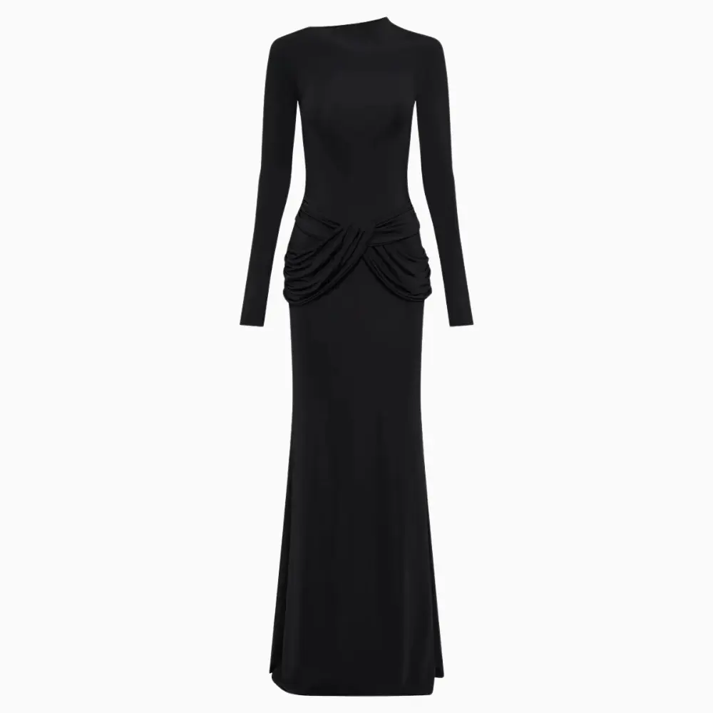 Black long sleeve slinky maxi dress with diagonal collar, ruched detail and bodycon high waist fit
