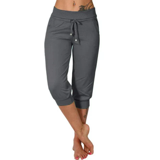 Women's stretch capri pants with elastic drawstring waist, casual relaxed fit for home and outdoor wear