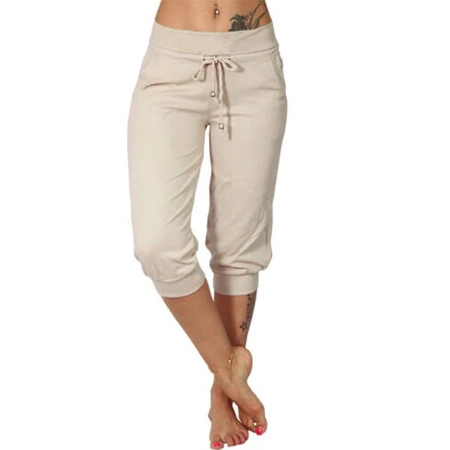 Women's stretchy capri pants with elastic drawstring waist, casual relaxed fit for home and outdoor wear