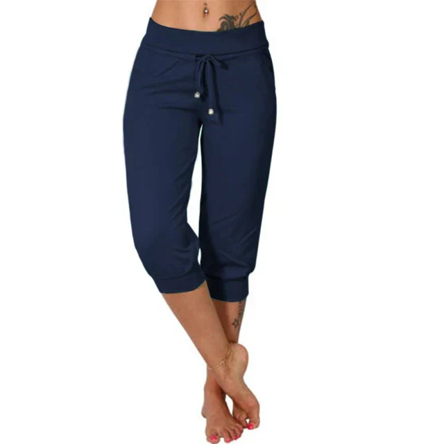 Women's stretchy capri pants with elastic drawstring waist, casual comfortable fit for home and outdoor wear
