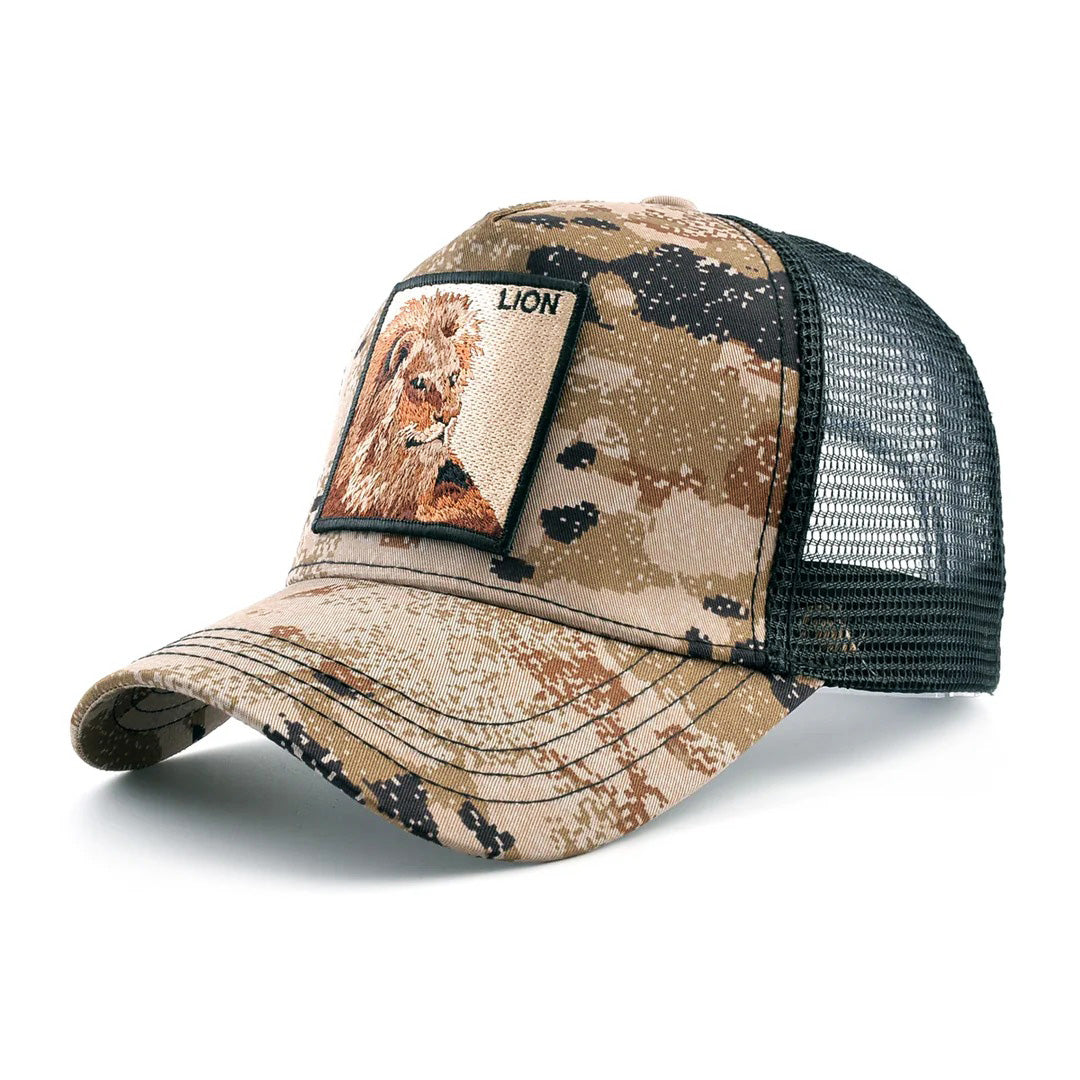 Hunter camouflage trucker hat with custom embroidered patch, adjustable snapback, pixelated desert camo