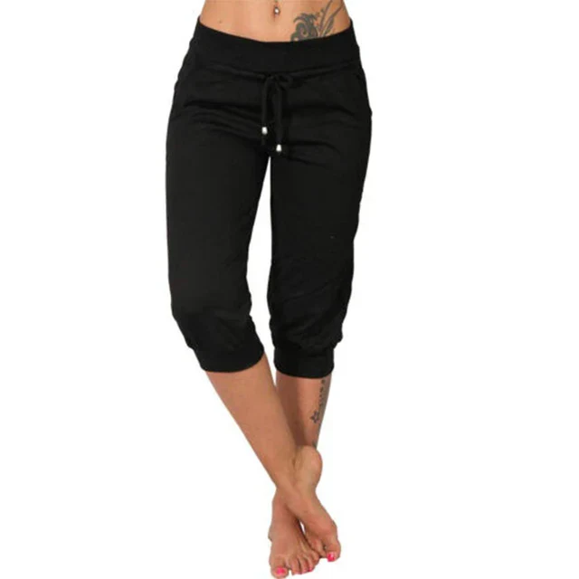 Women's stretchy capri pants with elastic drawstring waist, casual comfortable fit for home and outdoor wear