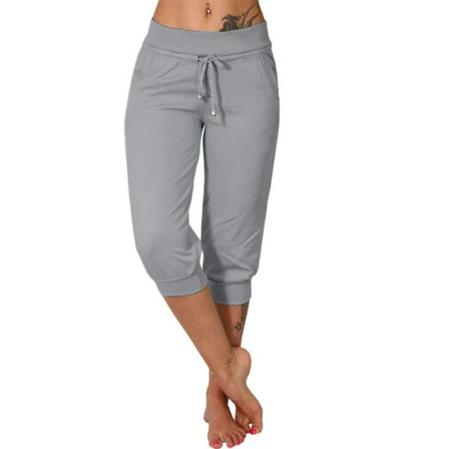 Women's stretch capri pants with elastic drawstring waist, casual relaxed fit, knee-length comfort