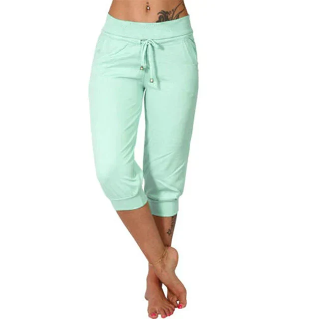 Women's stretch capri pants with elastic drawstring waist, casual relaxed fit for home and outdoor wear