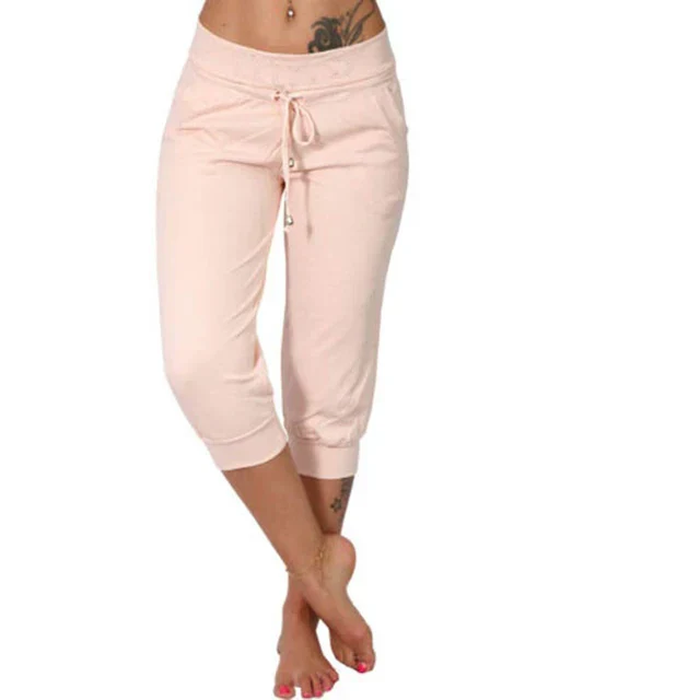 Women's stretchy capri pants with elastic drawstring waist, casual comfort fit for home and outdoor wear