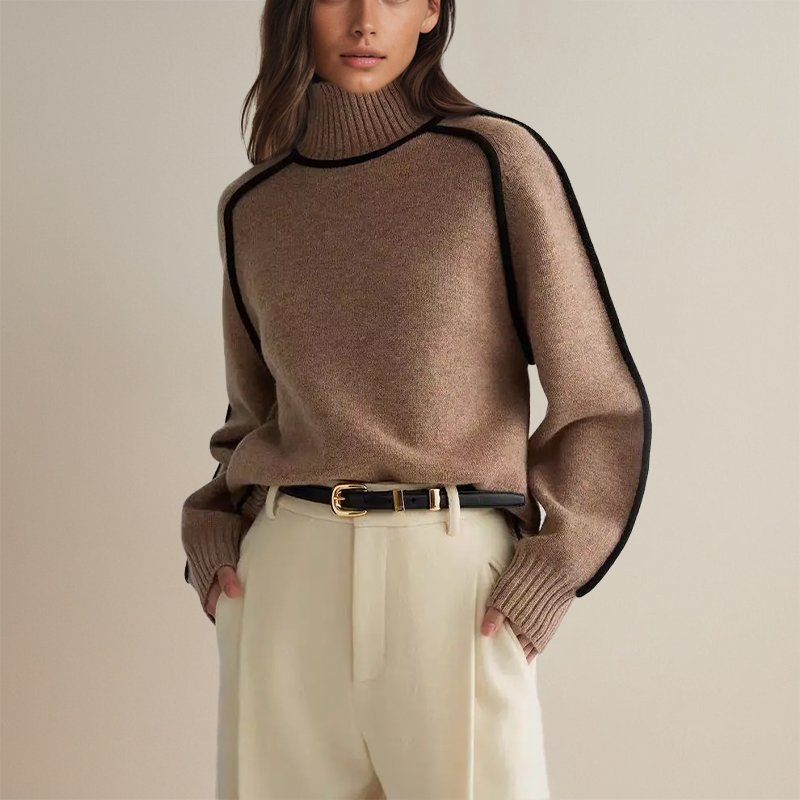 Women's turtleneck color-block knit sweater regular fit cozy cold weather everyday styling
