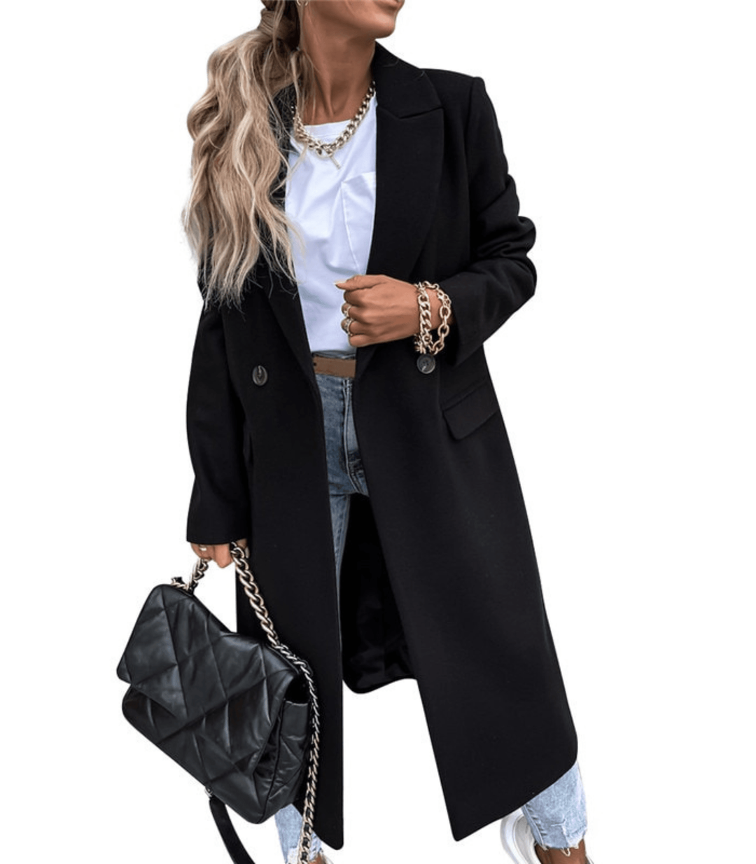 Women's relaxed fit polyester jacket with button closure, side pockets, loose modern cut