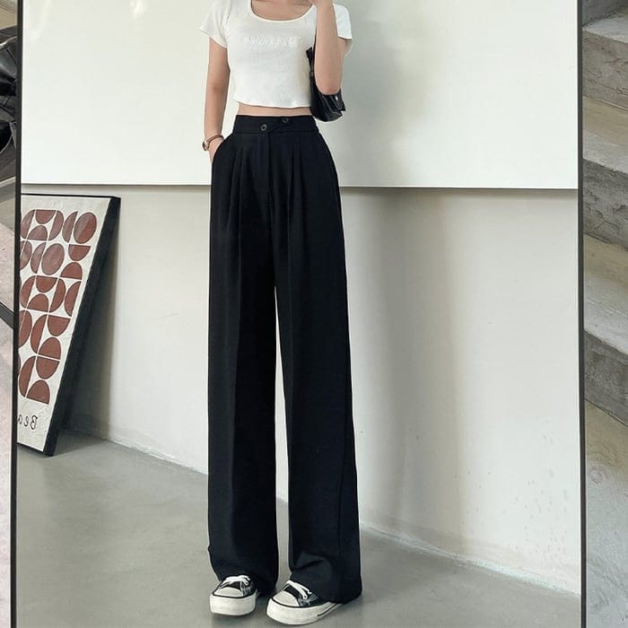 Women's high waist wide leg dress pants with structured waistband, straight cut professional silhouette
