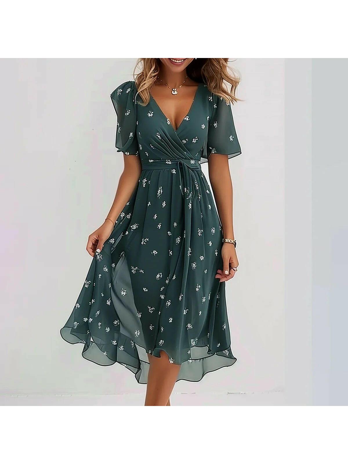Liza vibrant abstract midi dress in bold multicolor print with wrap neckline and flowy chiffon drape