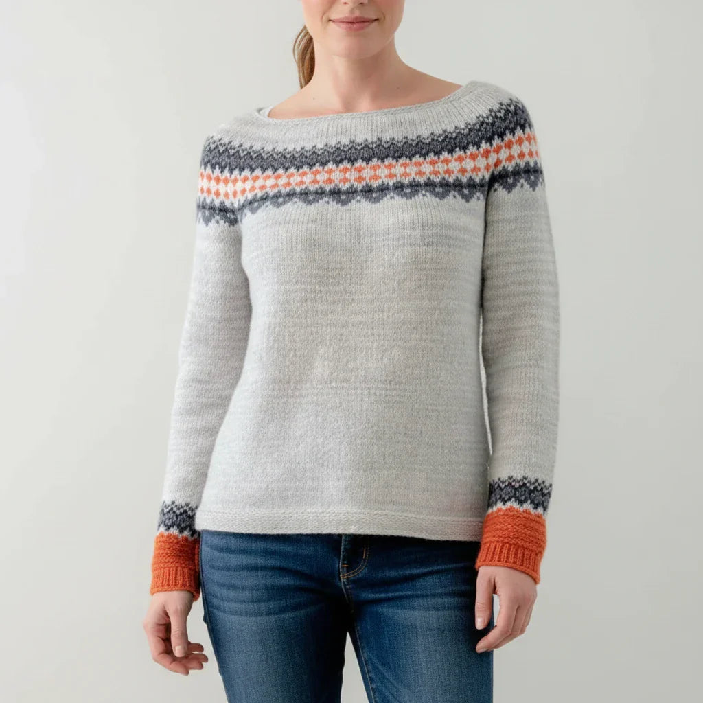 Women's relaxed crewneck sweater with Fair Isle and tree print pattern, perfect for casual layering
