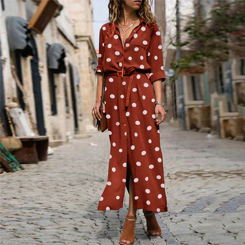 Stella | Women's Polka Dot Maxi Dress Long Sleeve Button-Down Shirt Dress
