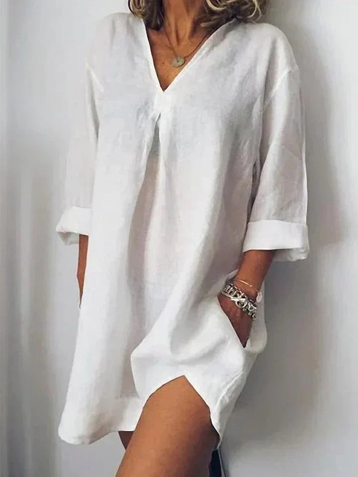 Women's relaxed fit linen dress V-neck short sleeves breathable natural texture casual everyday style
