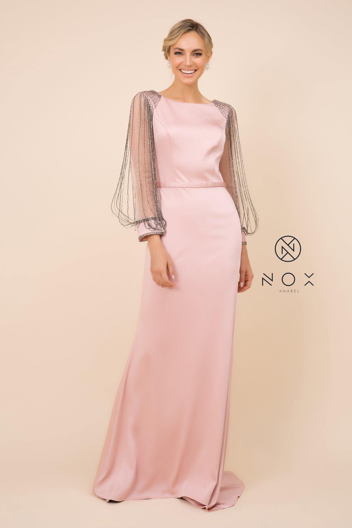 Navy blue fitted column prom gown with beaded sheer long sleeves, boat neckline, floor-length sweep train