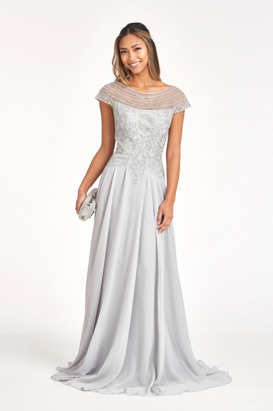 Soft chiffon mother of the bride dress, scoop neckline, cap sleeves, floor-length formal gown