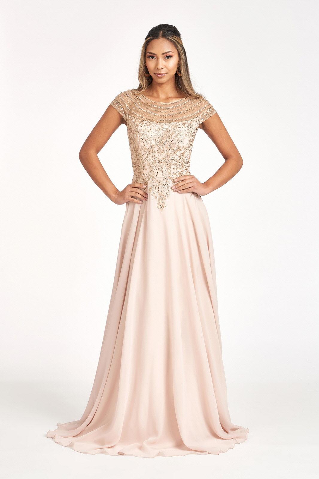 Soft chiffon mother of the bride dress, scoop neckline, cap sleeves, elegant floor-length formal gown