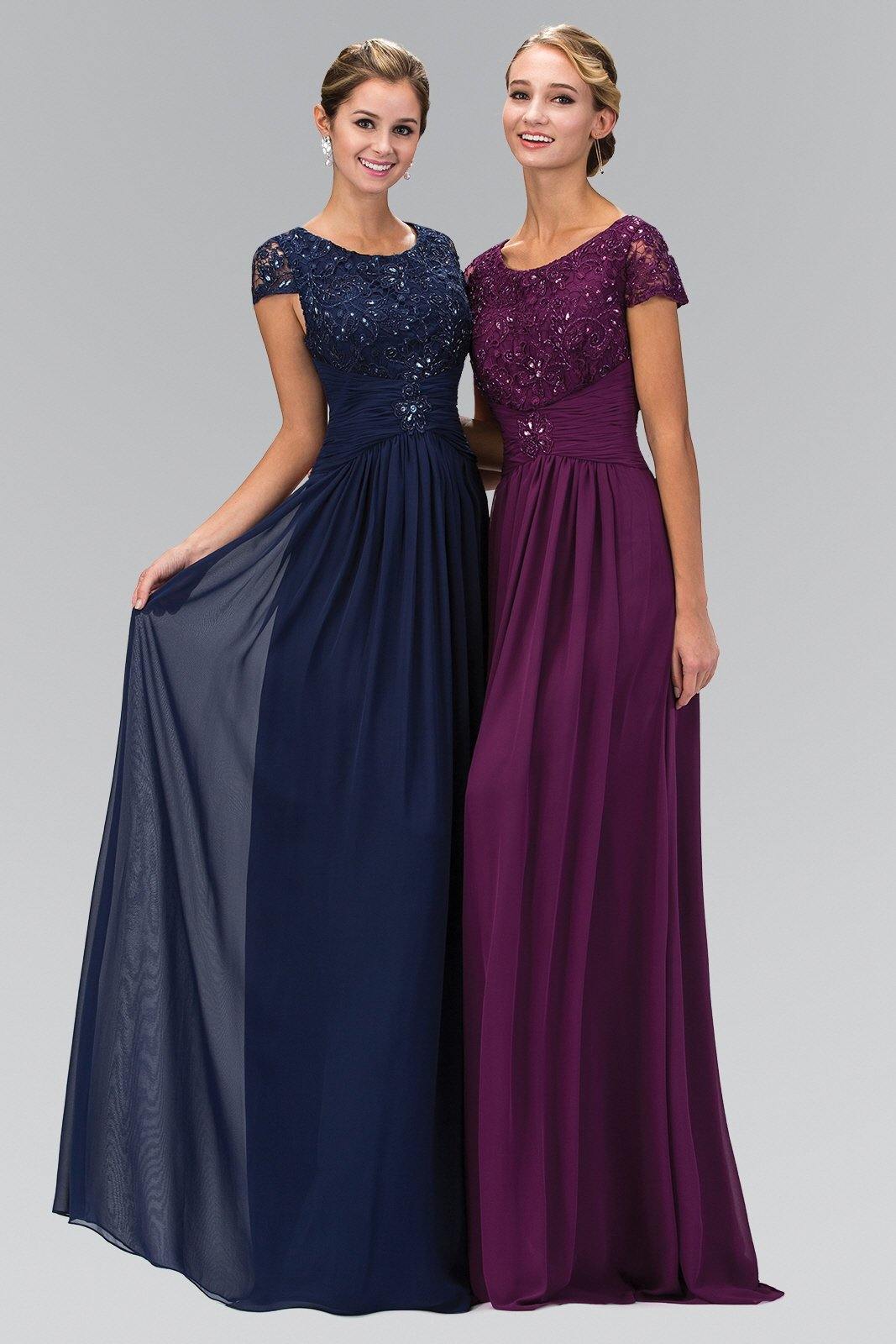 Long A-line formal dress with lace bodice, chiffon skirt, cap sleeves, elegant evening bridesmaid gown