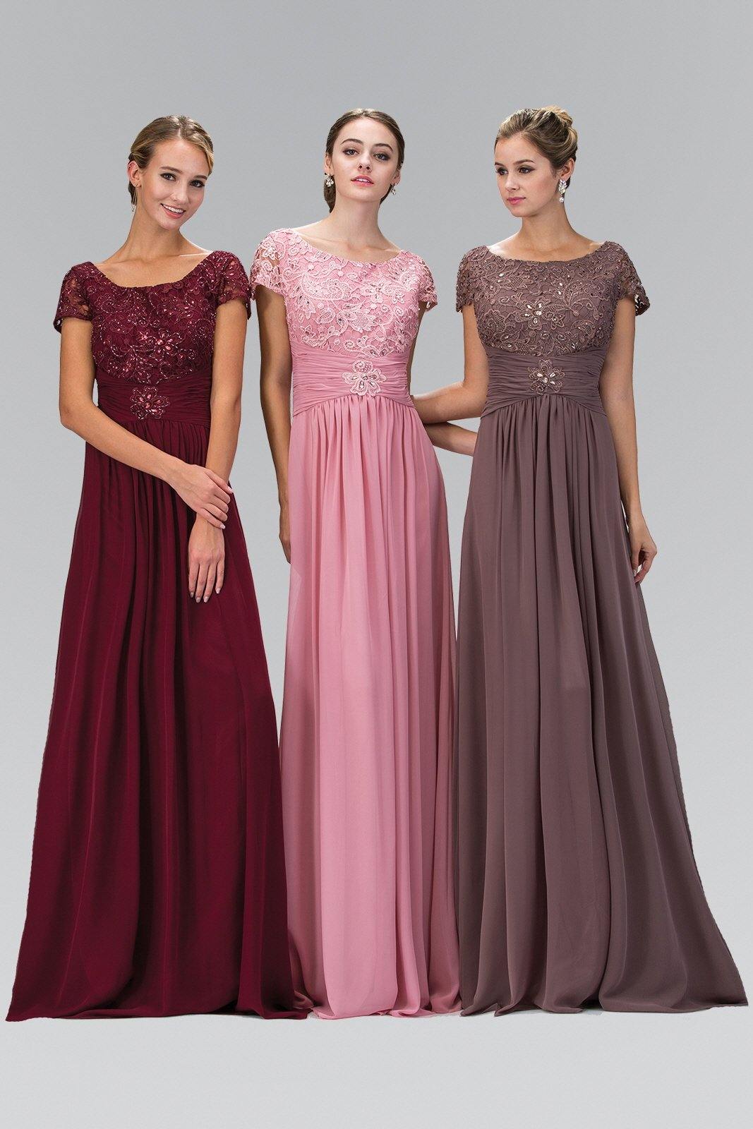 Elegant long A-line formal dress with lace bodice, chiffon skirt, and cap sleeves for bridesmaids