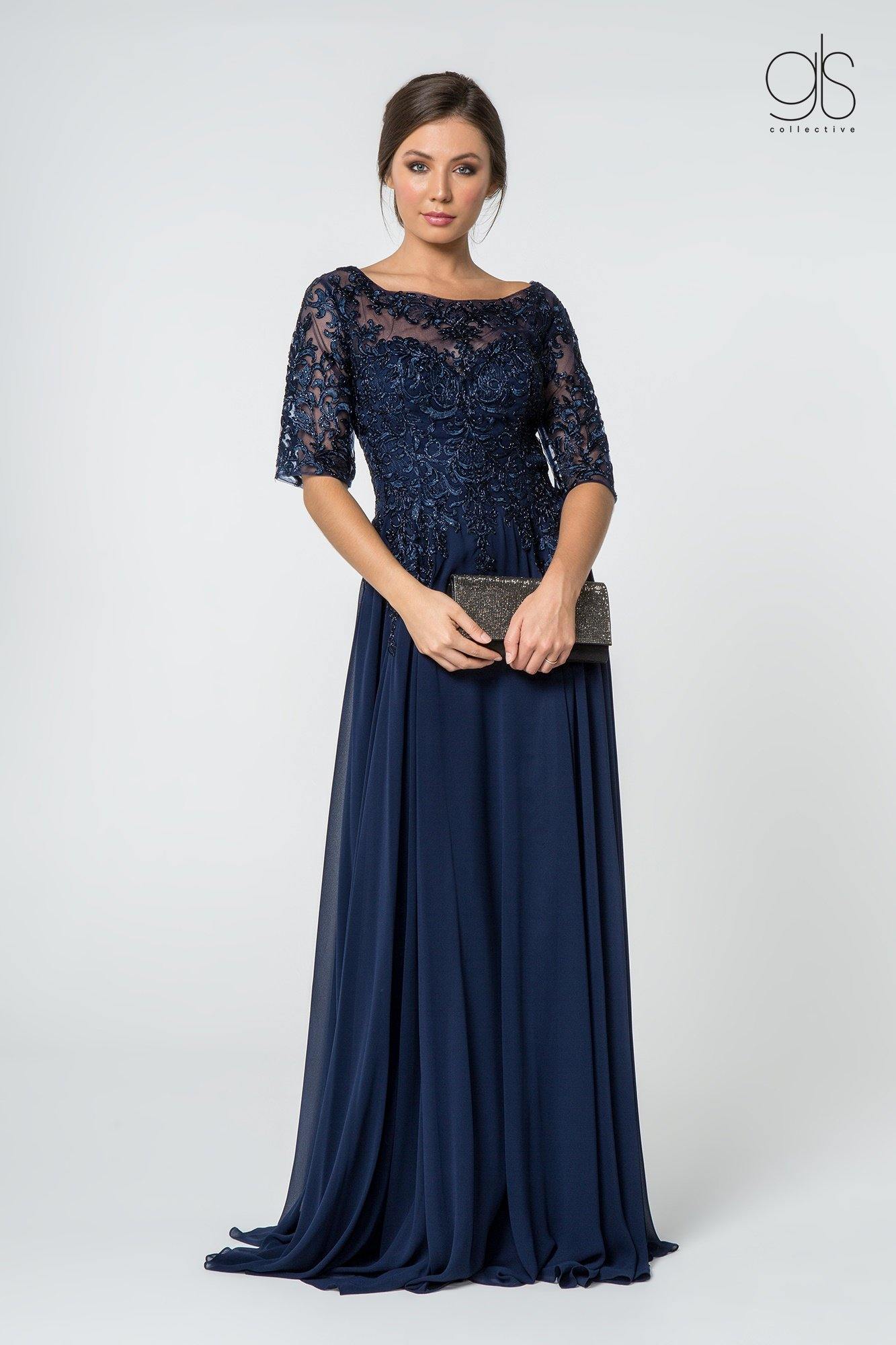 Elegant mother of the bride chiffon A-line gown with embroidered bodice and sheer back