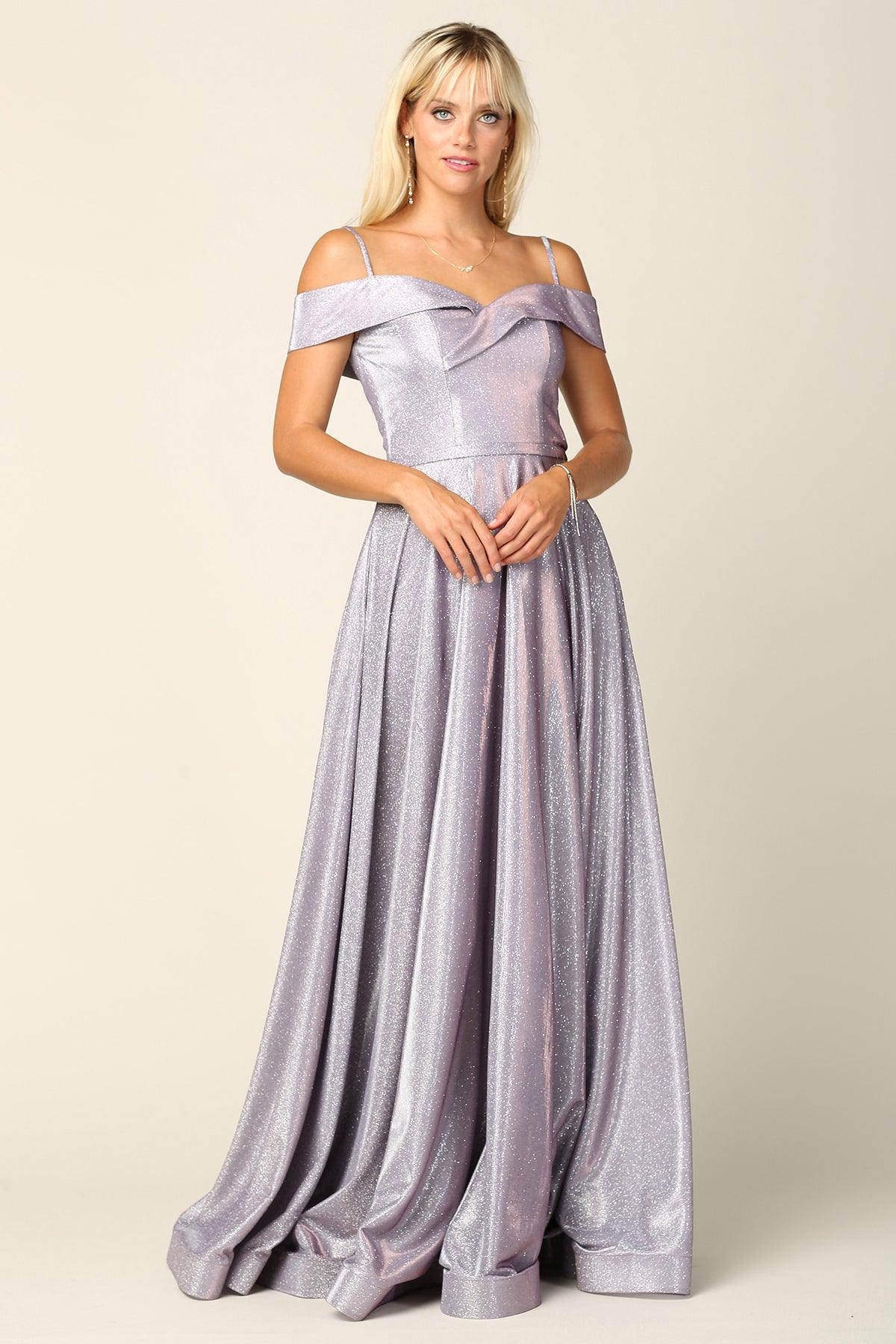 Women's black glitter off-shoulder ball gown A-line silhouette full-length formal dress