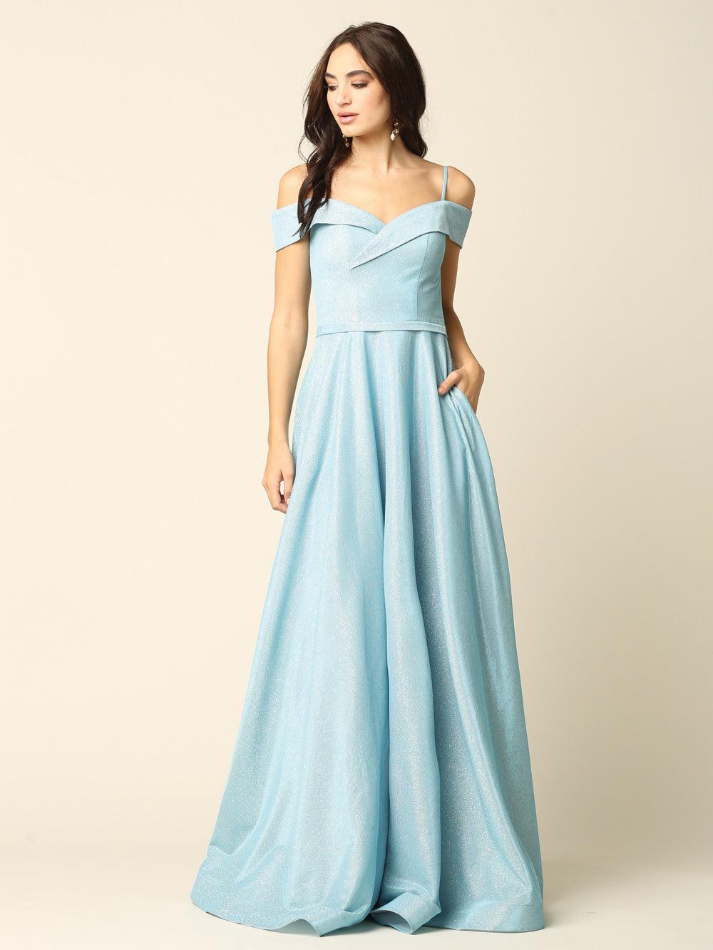 Women's off-shoulder silver glitter ball gown A-line full-length formal prom dress