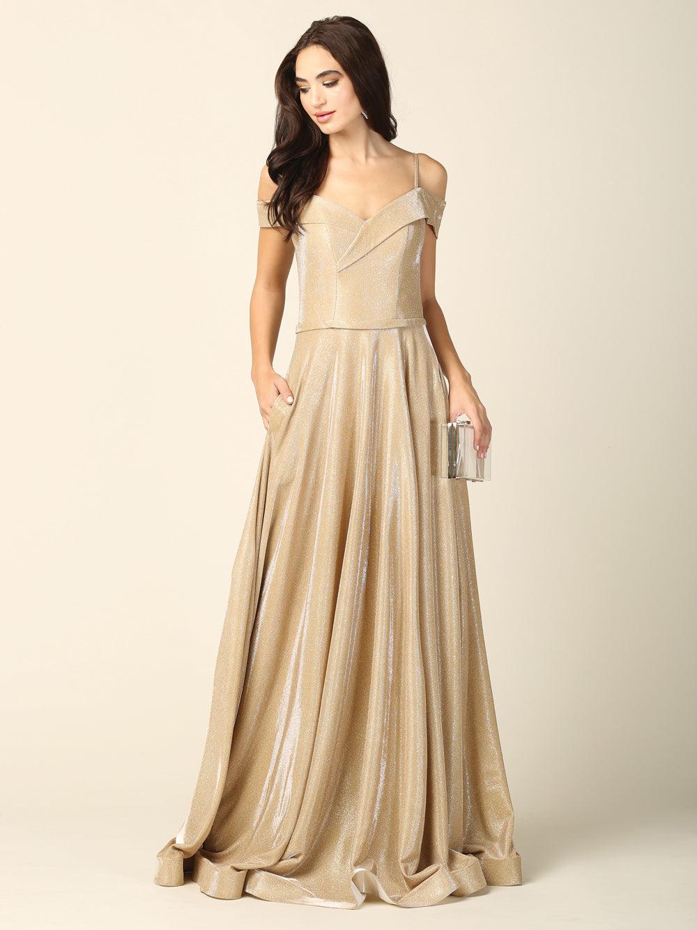 Women's gold glitter off-shoulder ball gown A-line formal dress with full-length hem