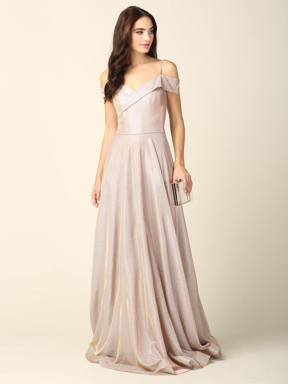 Women's off-shoulder silver glitter ball gown A-line silhouette full-length formal dress