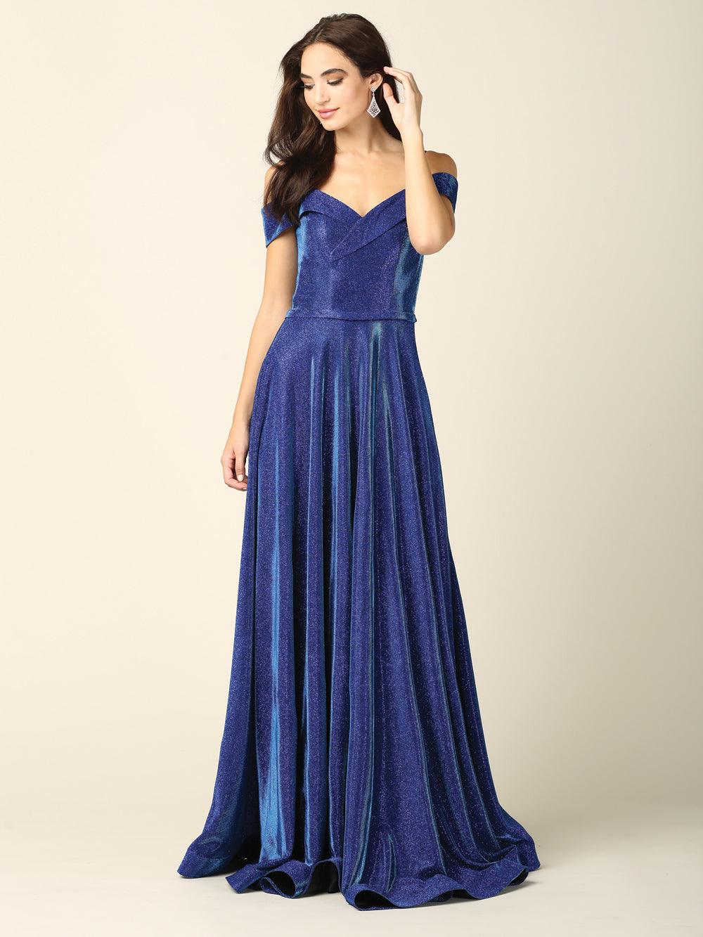Women's off-shoulder glitter ball gown A-line formal dress with full-length hem for prom
