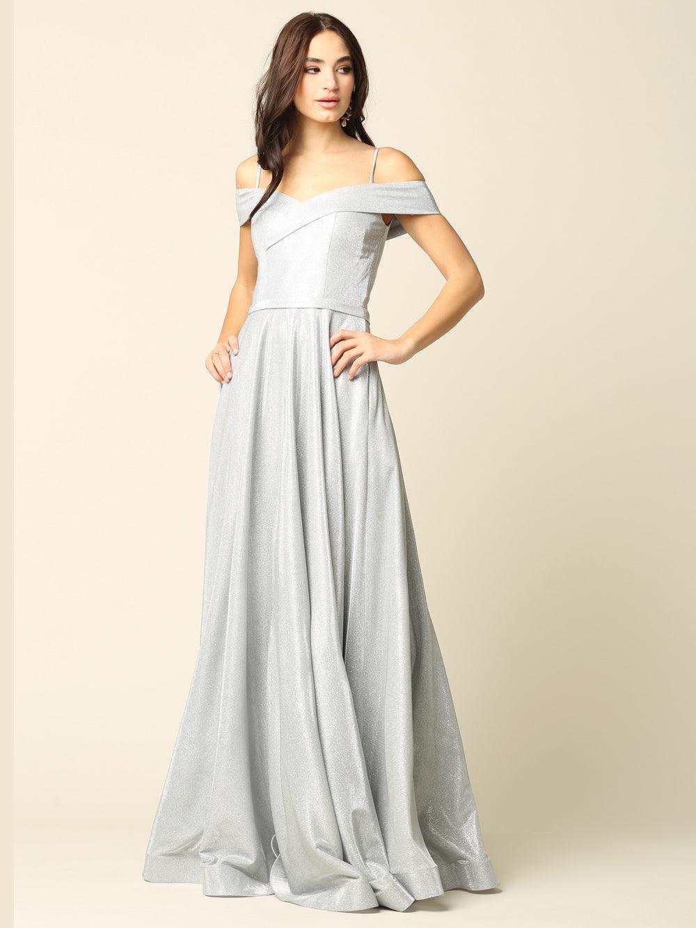 Women's off-shoulder glitter ball gown A-line formal dress with full-length hem for prom