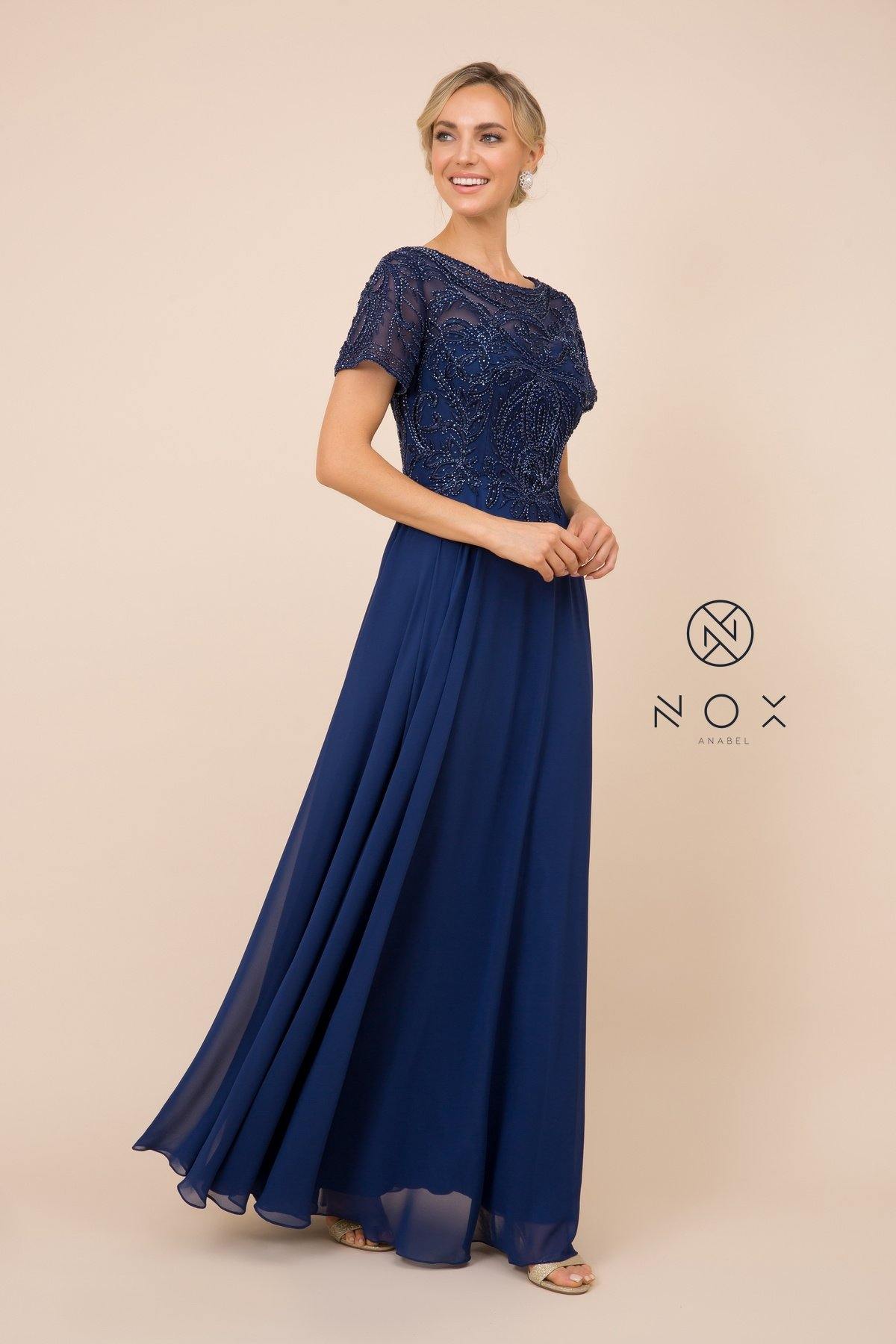 Women's floor-length chiffon A-line evening gown with beaded lace appliqué bodice formal prom dress