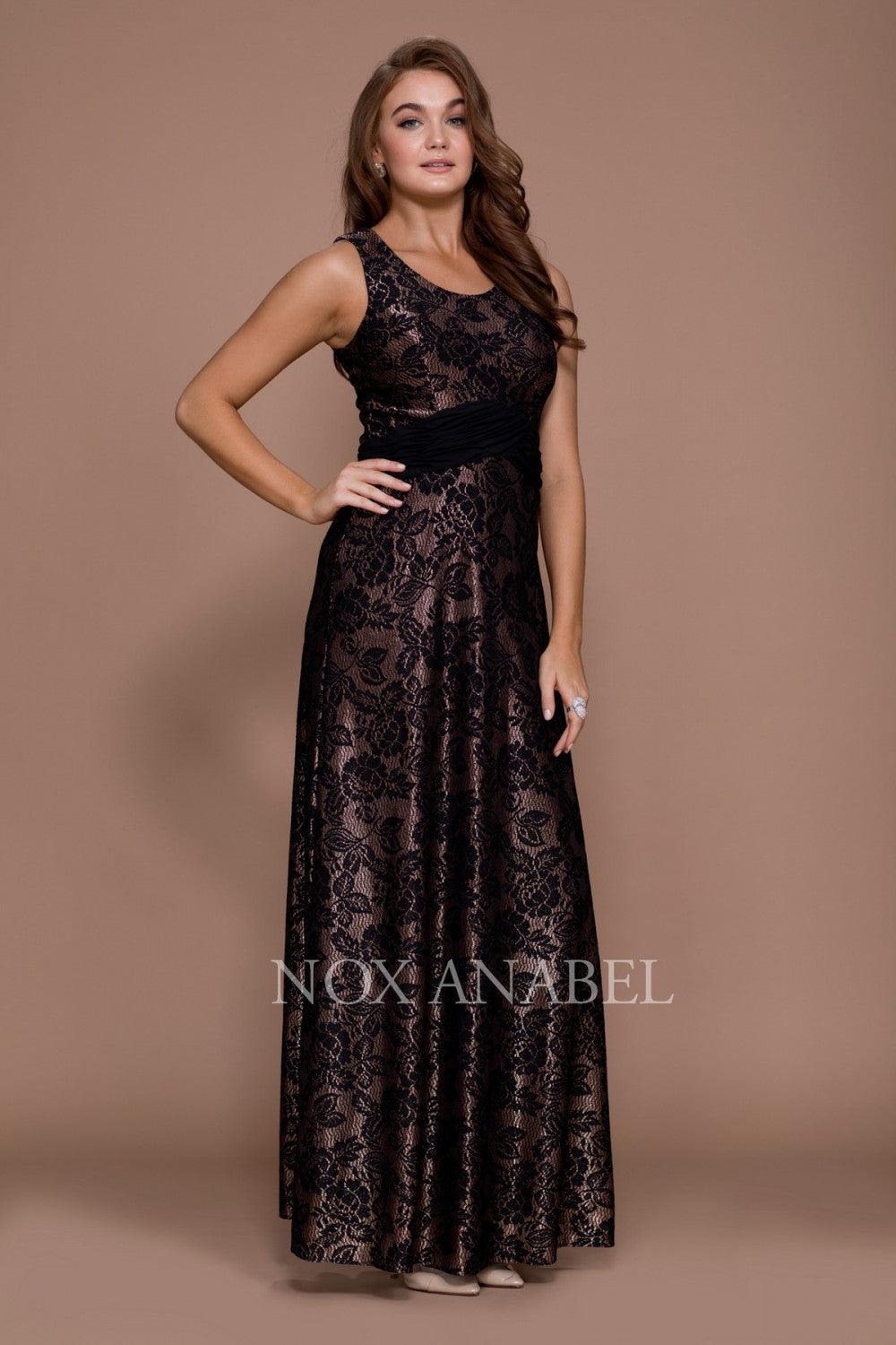 Sleeveless lace mother of the bride gown with matching jacket, ruched waist, and full-length embroidered skirt