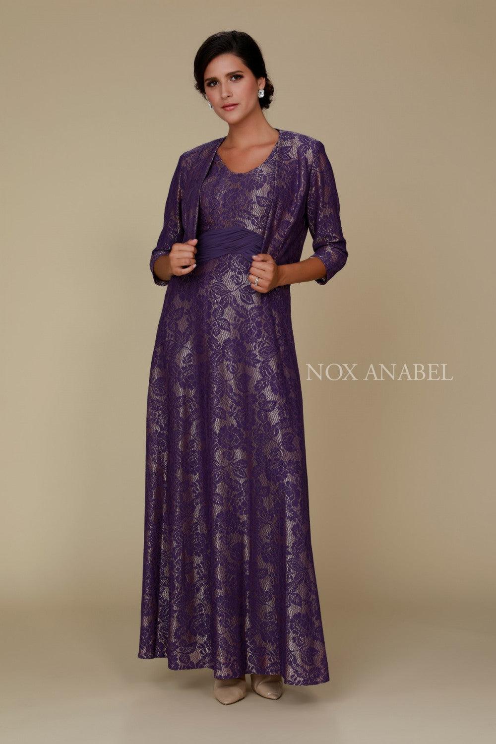 Sleeveless embroidered lace mother of the bride gown with matching jacket and ruched waist detail