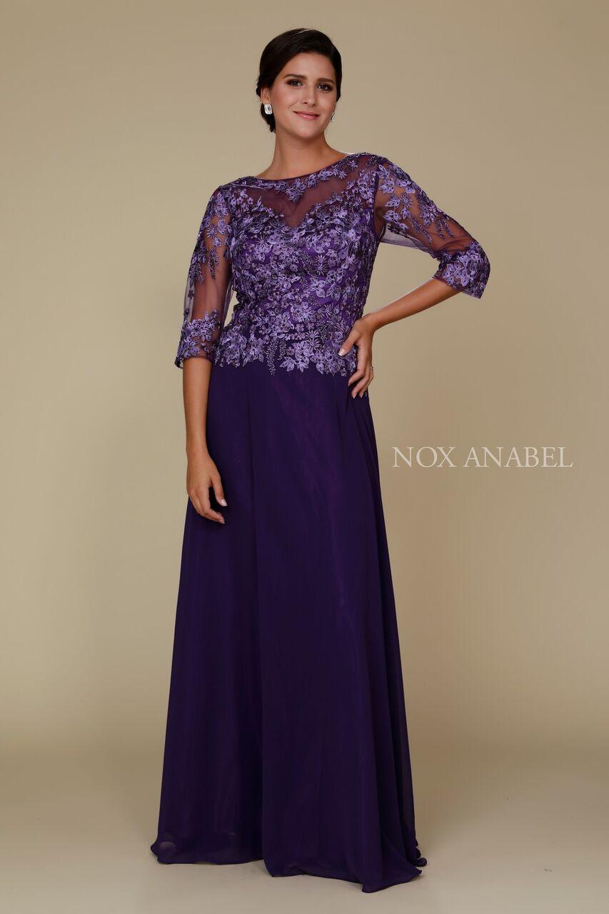 Floor-length chiffon mother of the bride dress with beaded lace illusion bodice and three-quarter sleeves