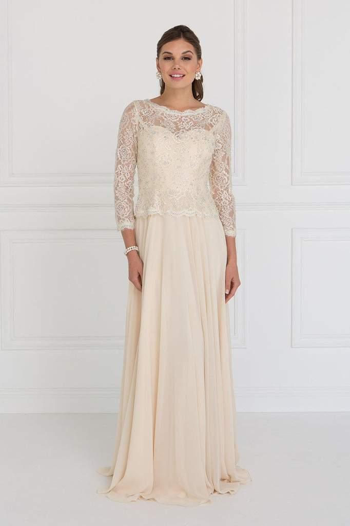 Elegant long mother of bride A-line chiffon gown with lace illusion back and rhinestone details
