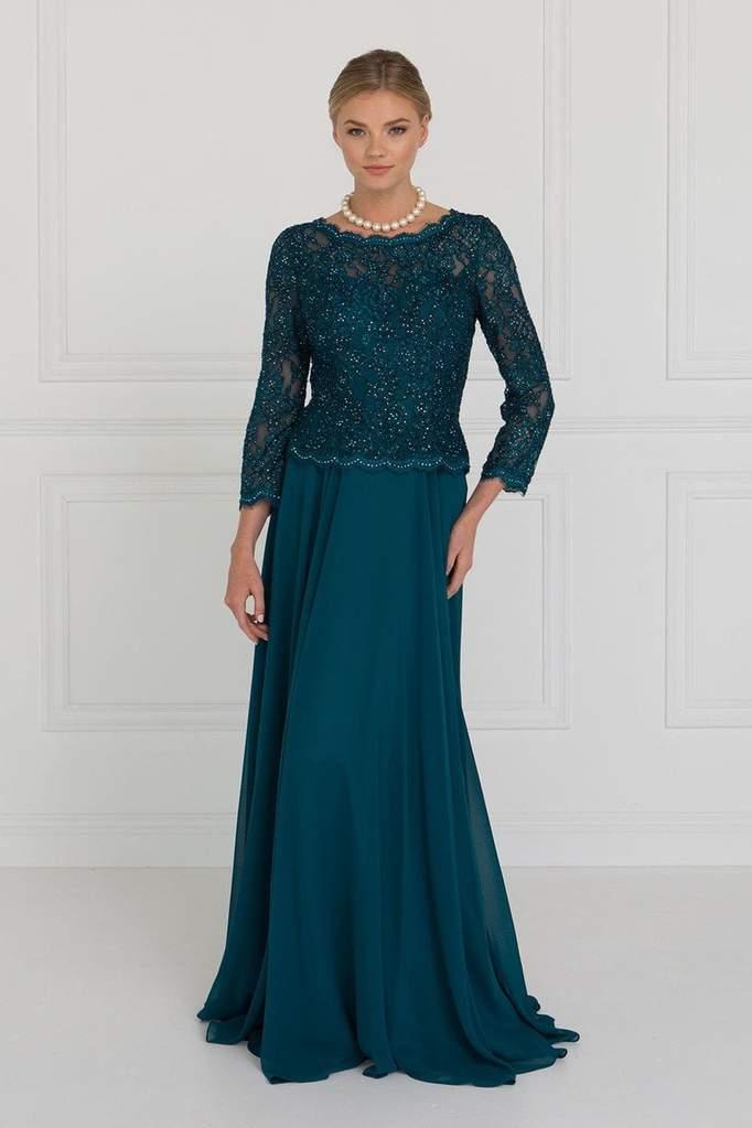 Elegant long mother of bride A-line chiffon gown with lace illusion back and rhinestone details