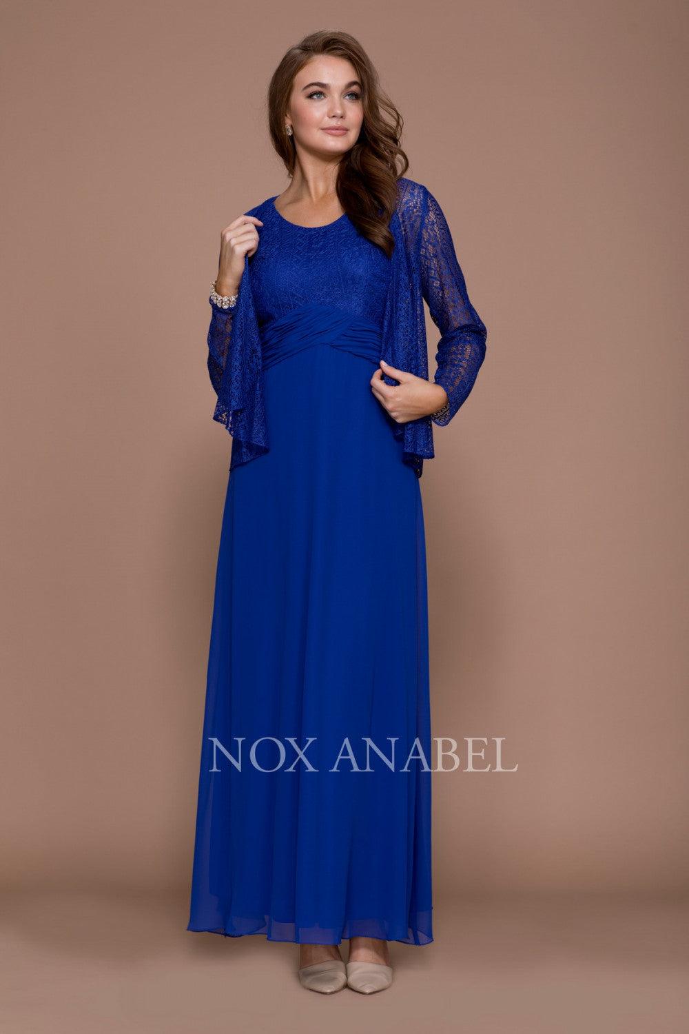 Elegant chiffon lace A-line mother of bride gown with matching jacket, sleeveless round neckline
