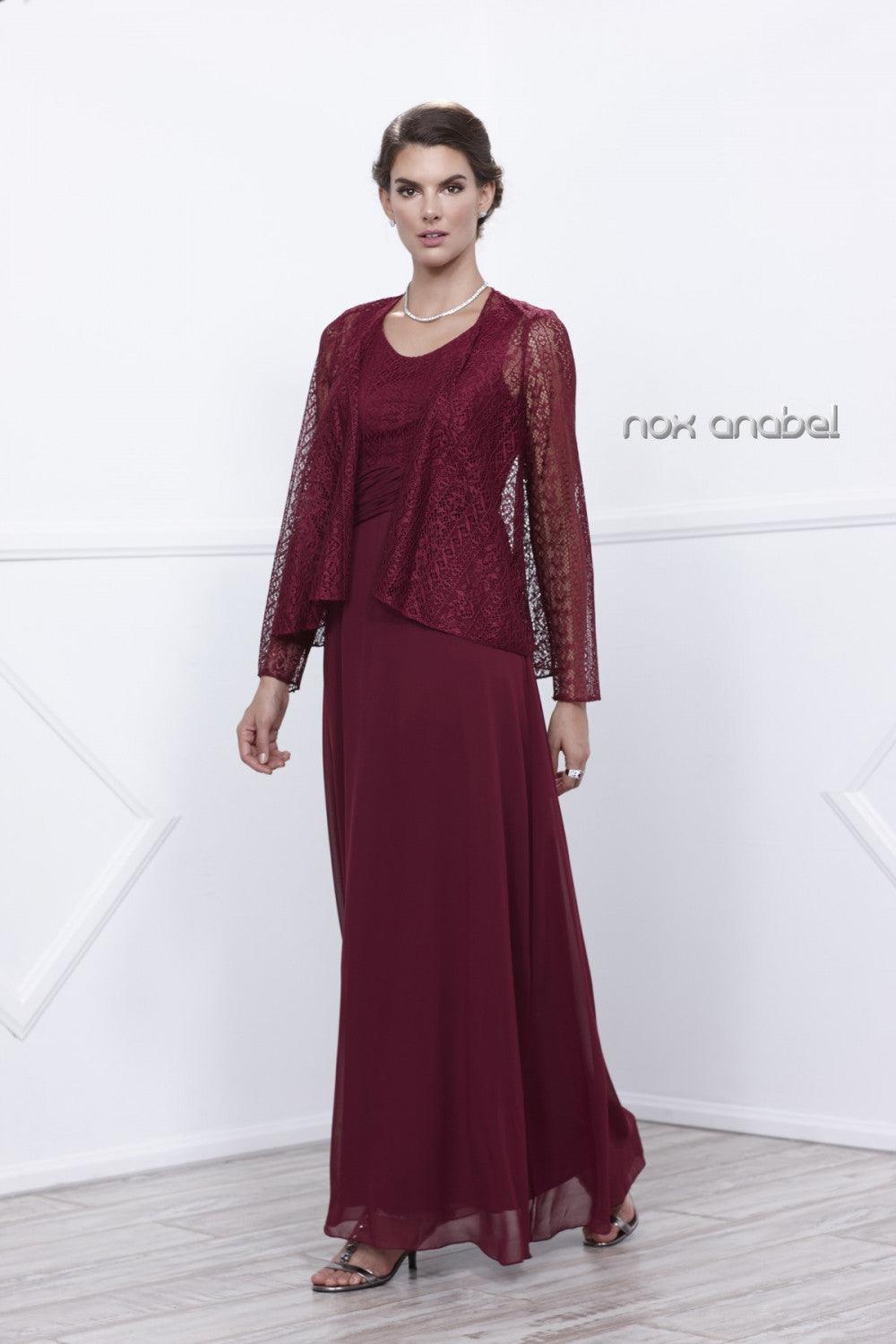 Elegant chiffon lace A-line mother of bride long gown with matching jacket, sleeveless round neckline