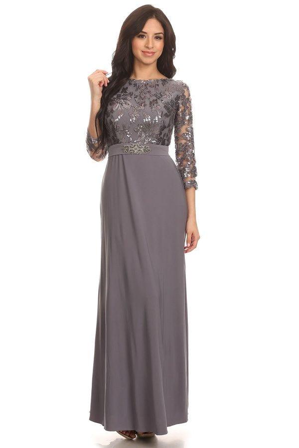 Full-length sequined mother of the bride gown with flowing ITY skirt for elegant formal events